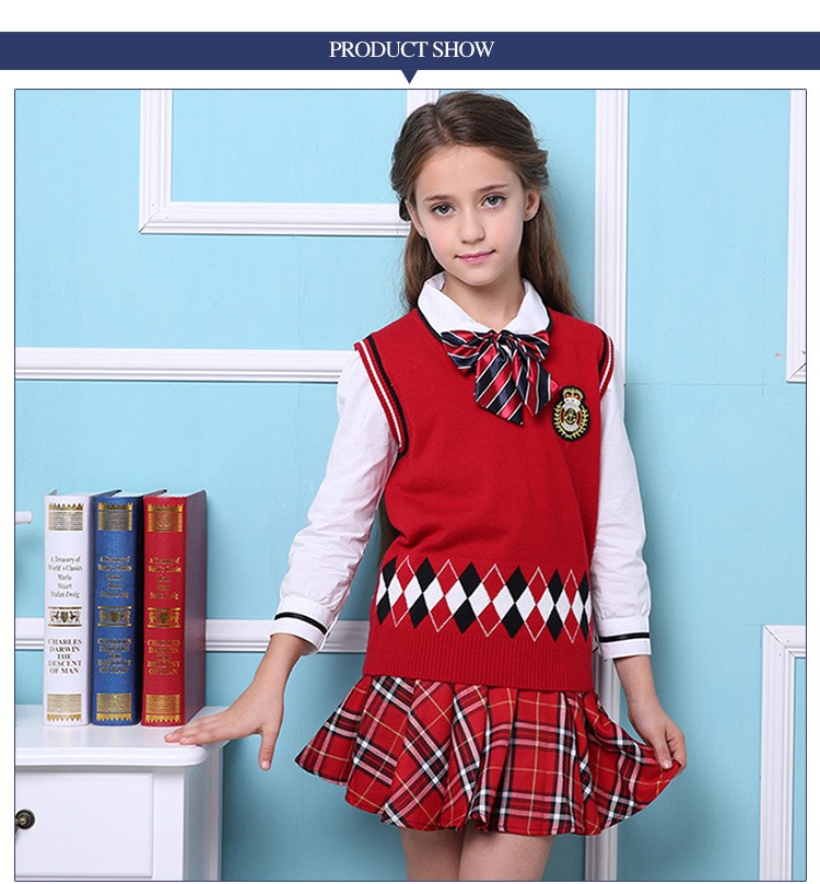 England Style School Girls Student Uniform Red Plaid Pleated Skirt Suit