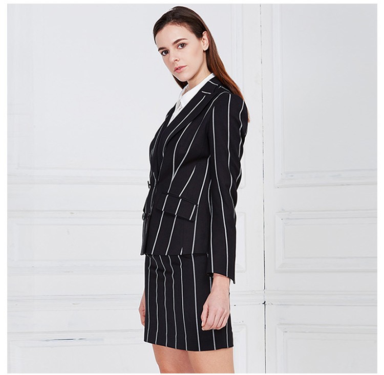 Custom Design Women Business V-neck Long Sleeve Single Breasted White Striped Black Suit Set
