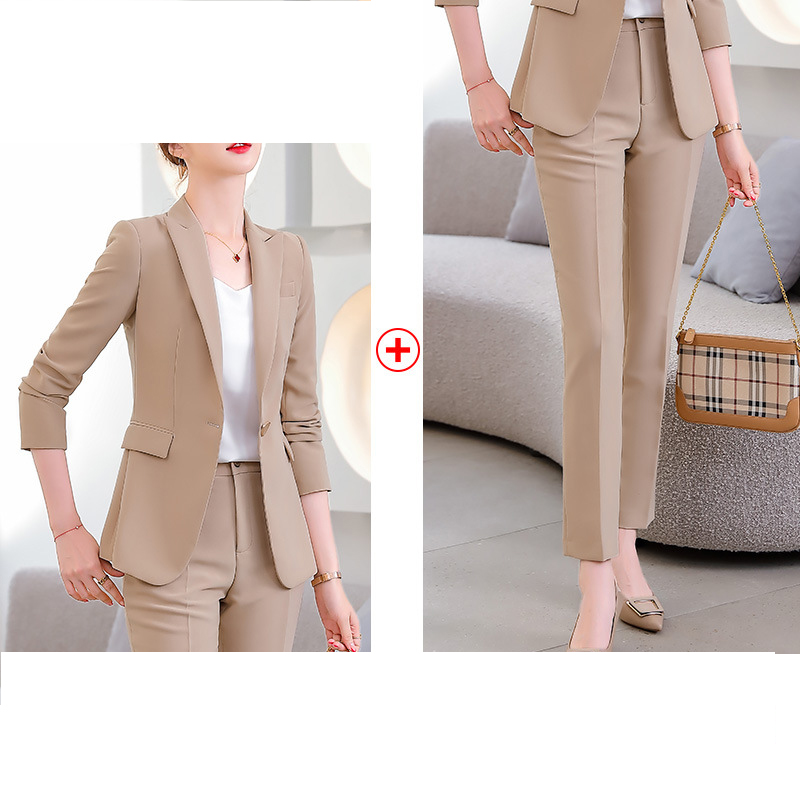 Custom Design Solid Color Office Women Round Hem Single Button V-neck Suit And Pants