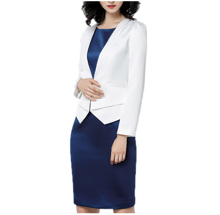 Women Office Single Button Long Sleeve White Blazer And Sleeveless Dark Blue Slim Skirt