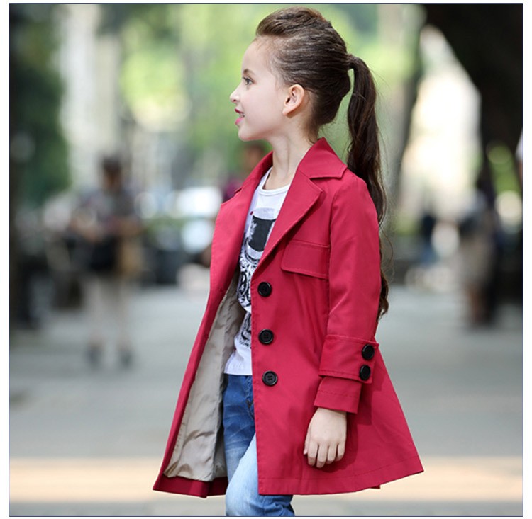 Custom Design Autumn Long Sleeve Single Breasted V-neck Little Girls Red Long Coat