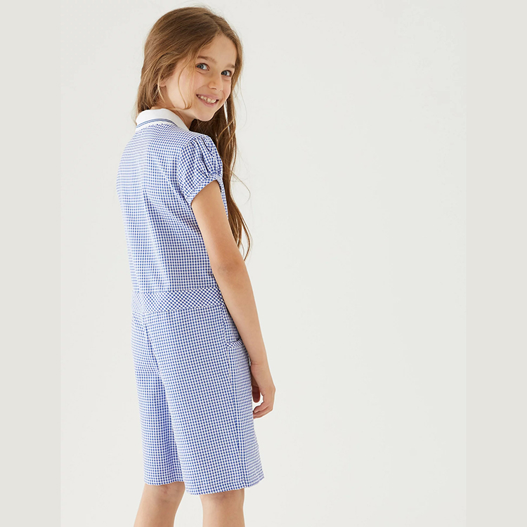Custom Design Summer School Daily Clothes Zipper Front Plaid Blue Short Sleeve Kids Jumpsuits Children A Piece of Clothing