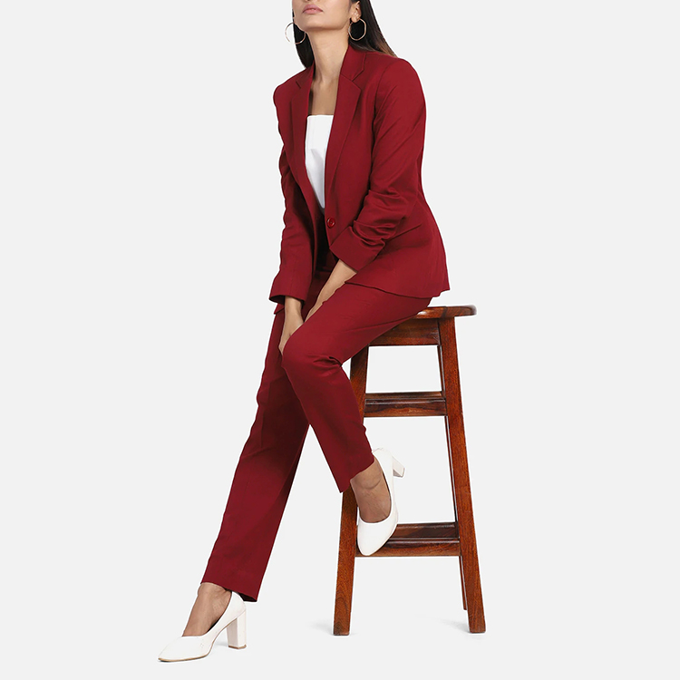 Custom Design Simple Style Solid Red Color Women Business Single Button V-neck Suit And Pants