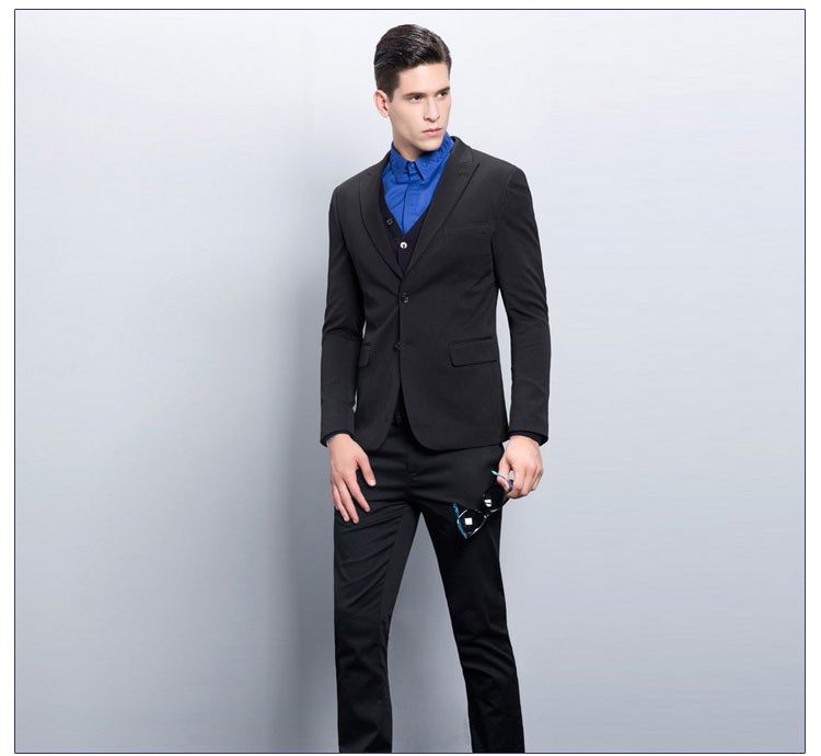Custom Design Fashionable Men Single Breasted V-neck Solid Black Color Suit with Pocket