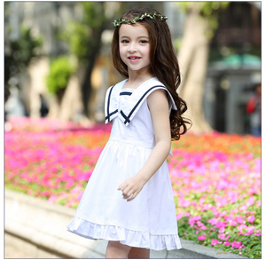 Summer Little Girls Sleeveless A-line Striped Dresses with Unique And Elegant Collar Design 