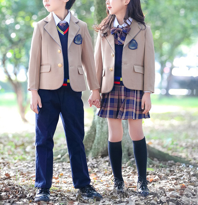 Custom Design School Uniforms Primary Girls And Boys Single Breasted Light Tan Blazer Suit