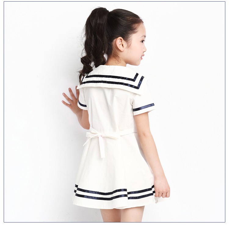 Custom Design Summer Daily Children Clothes Unique Collar Short Sleeve Girls Fashion Dresses with Belt