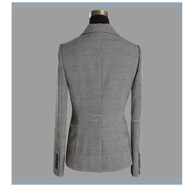 Dark Grey Women Long Sleeve Single Button V-neck Plaid Suit with Pocket