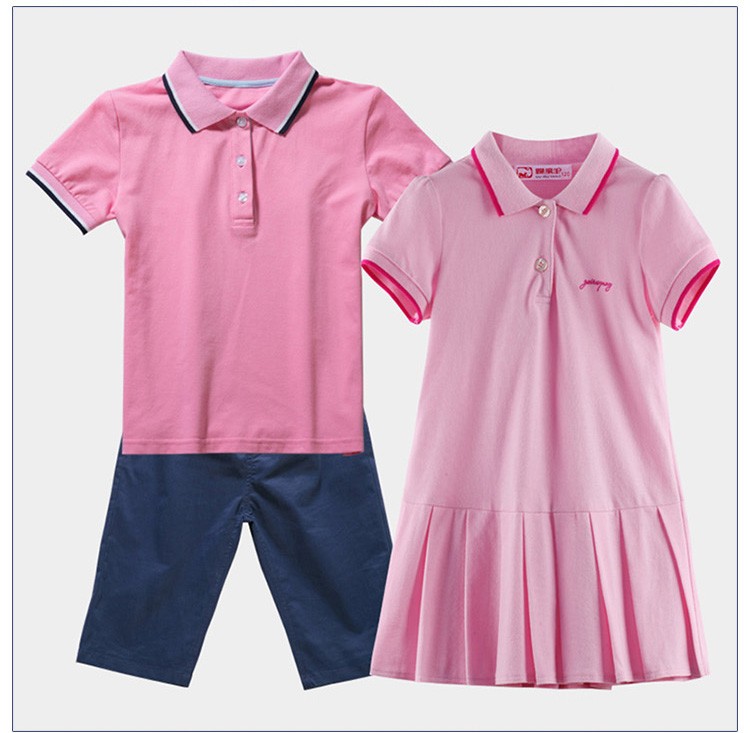Custom Design 100% Cotton Kindergarten Summer Uniform Comfortable Boys And Girls Fashion Pink Polo Shirt Suit