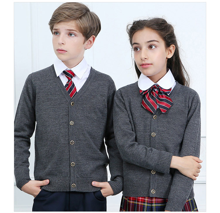 Custom Dark Grey School Uniform Sweater Cardigan And Plaid Skirt for Girls