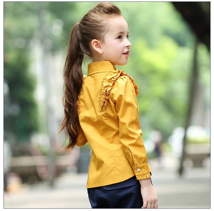 Custom Design Solid Color Imitation Pearl Button Single Breasted Little Girls Long Sleeve Shirts