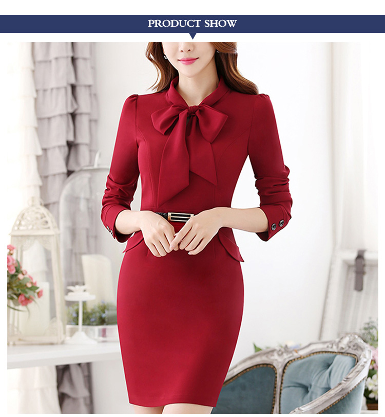 Custom Design Elegant Lady Red Office Bow Long Sleeve Tunic Dress with Belt