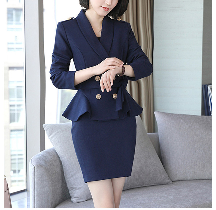 Solid Color Women Wave Hem Double Breasted Blazer Suit And Pencil Skirt