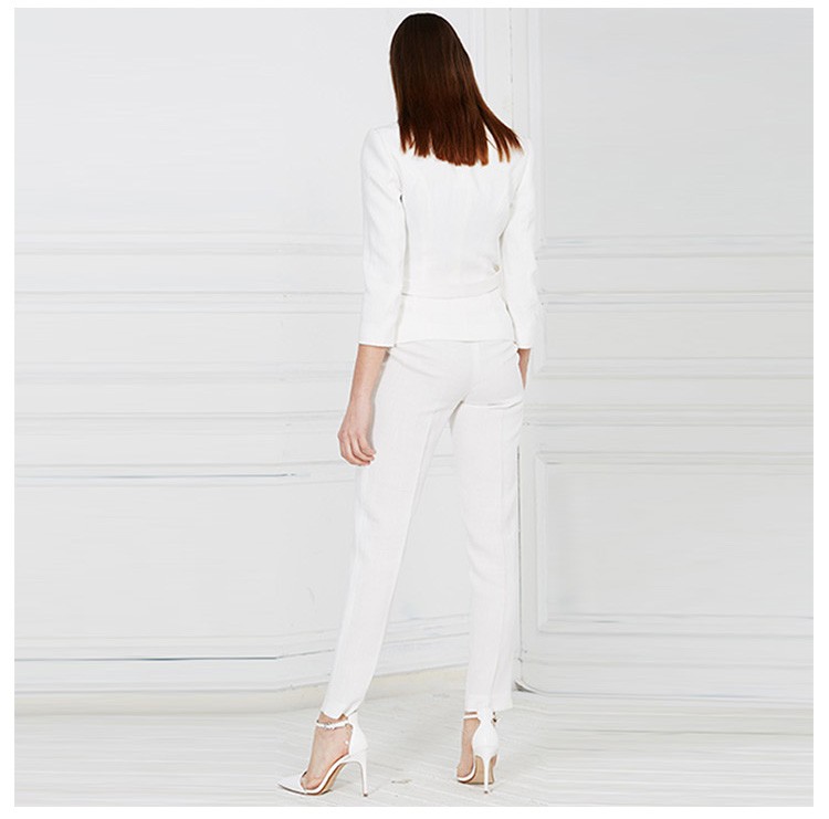 Unique Design V-neck Long Sleeves Women White Suit Set with Pocket
