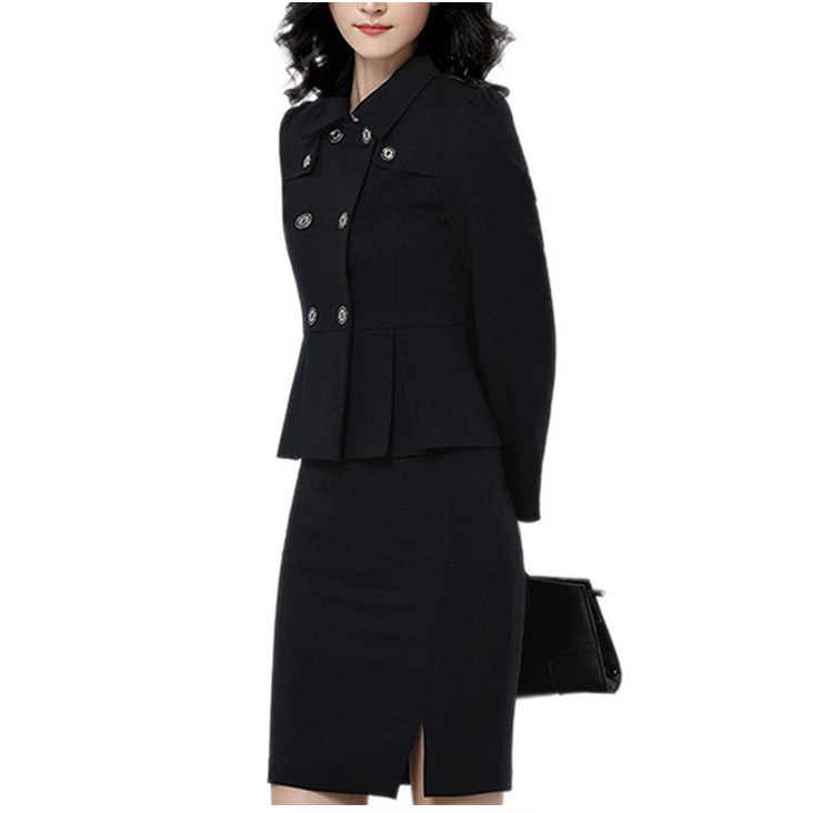 Unique Hem Design Solid Black Color Women Double Breasted Blazer And Single-side Slit Skirt
