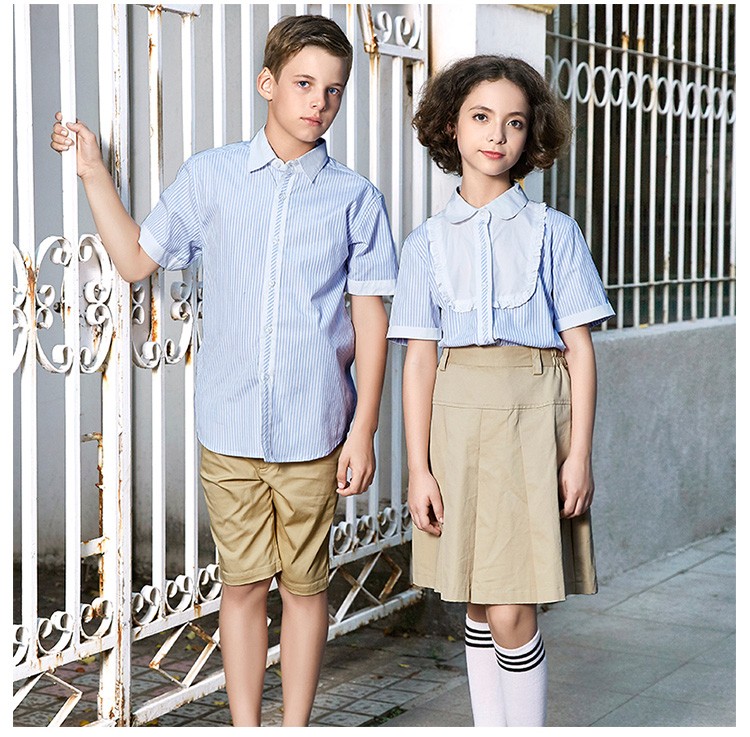  Summer Autumn Short Sleeve Primary School Clothes 100% Cotton Stripe Pattern School Uniform Shirt 