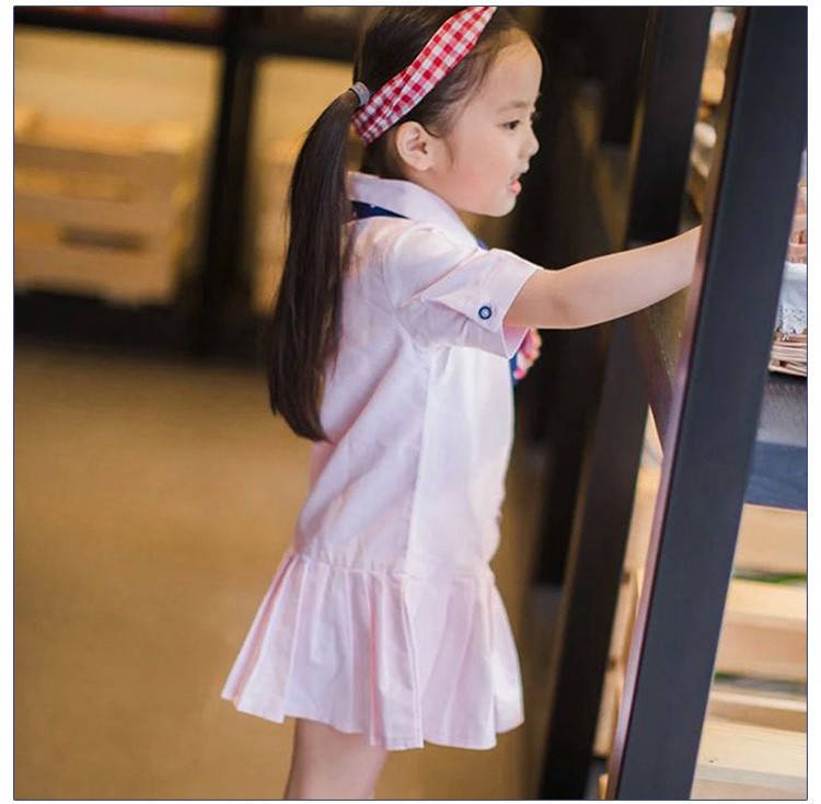 Custom Design 100% Cotton Little Girls Short Sleeve Solid Pink Color Straight Dresses