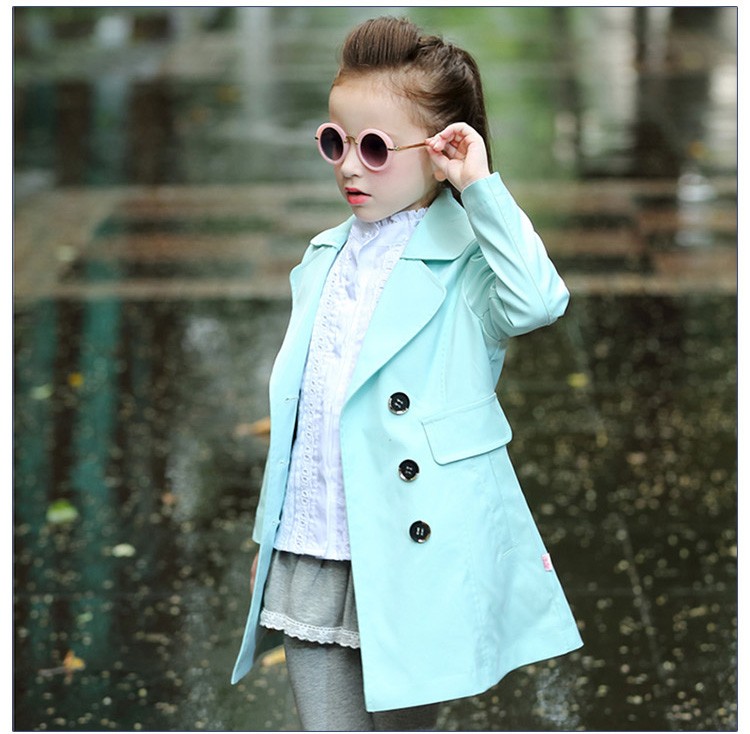 Custom Design Fashionable Light Blue Double Breasted Long Sleeve Little Girls Long Dust Coat with Pocket
