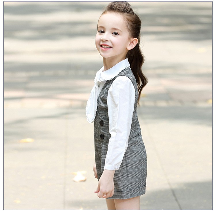 Custom Design Fashionable 2 Pieces Little Girls Long Sleeve Lace Shirt And Grey Plaid Rompers