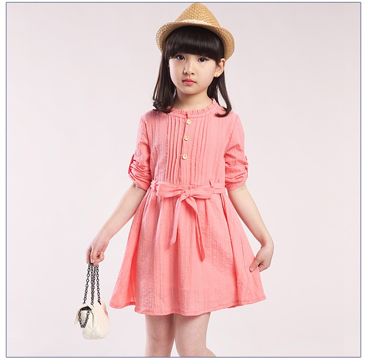 Custom Summer Children Comfortable Clothes Lace Neck Long Sleeve Solid Color Girls A-line Dresses Design 