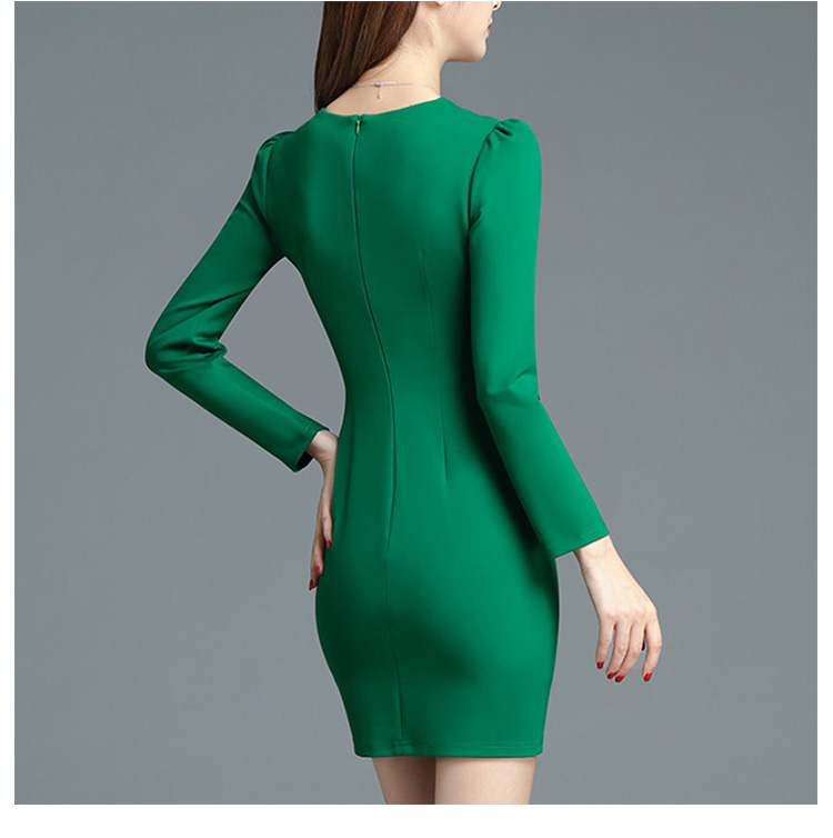 Unique Design Elegant Solid Color Long Sleeve Knee-Length Lady Slim Dress with Belt