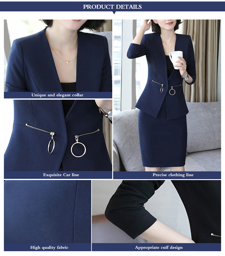Fashionable Drak Blue Single Button Long Sleeve Unique Design Women Suit with Zipper Pocket