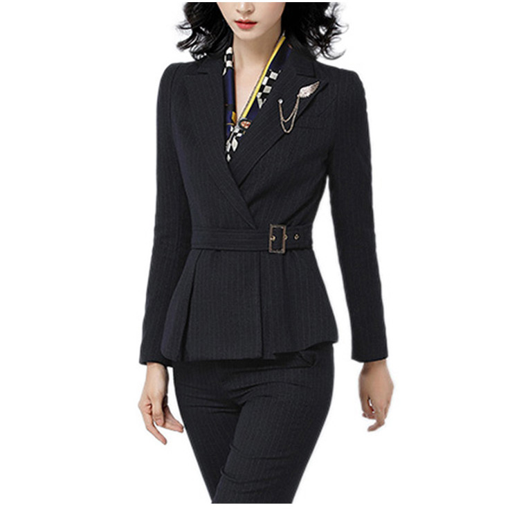 Unique Hem Design Cross Collar Women Office V-neck Long Sleeve Striped Black Blazer