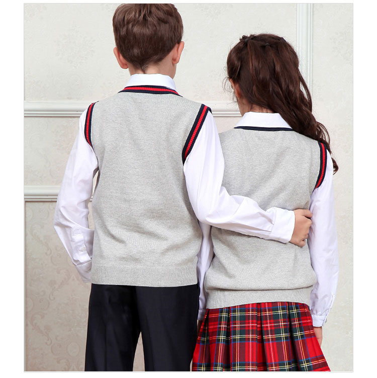 Custom Grey School Student Uniform Boys Vest Pullover Ver Sweater Models