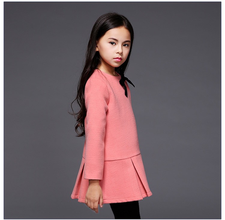 Custom Design Custom Design Girls Solid Color Long Sleeve Zipper Back Straight Dresses with Bow-knot