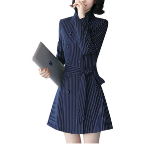 Custom Design Stand Collar Double Breasted Lady White Striped Dark Blue A-line Dress with Belt