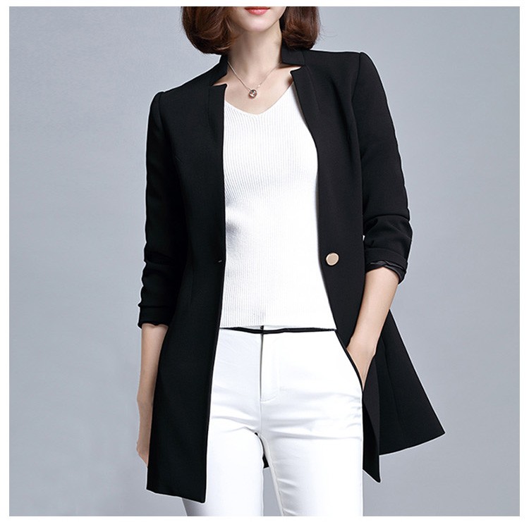 Custom Elegant Design Solid Color Women Single Button Long Sleeve V-neck Long Blazer with Pocket