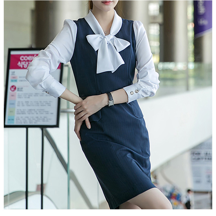 Custom Design Color Combination Knee-Length Lady Office Bow Dress with Belt