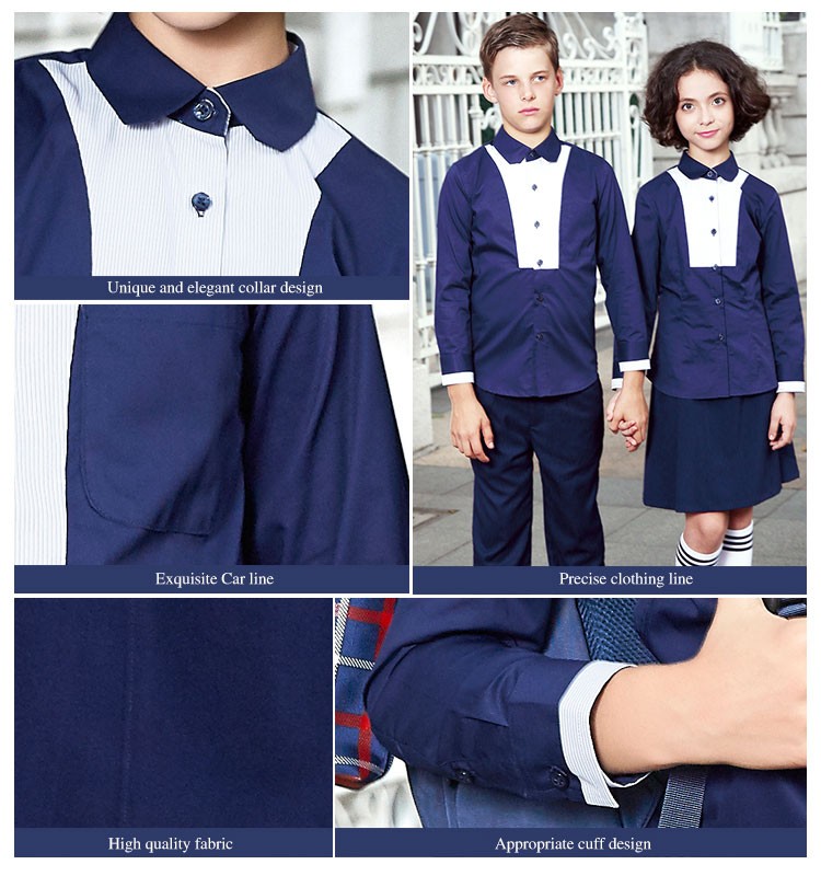 OEM Designs New Style100% Cotton Navy Blue School Uniform Shirt for Girl And Boy