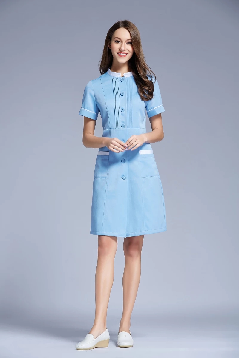 Custom Blue White Nurse Uniform Dress Spa Nursing Medical Uniform