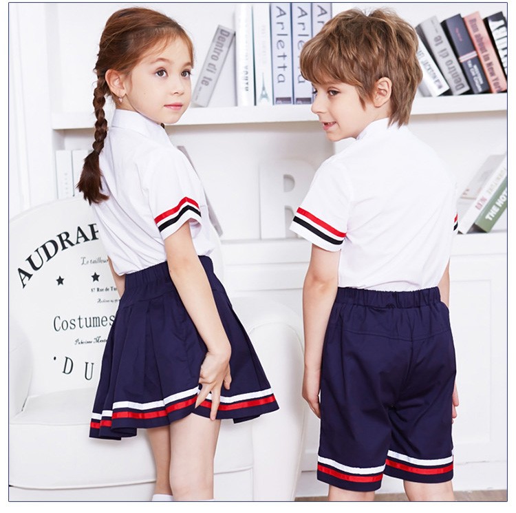 Custom Turn-down Collar Three Quarter Sleeve Boys And Girls White Shirt Primary Uniform Set Design