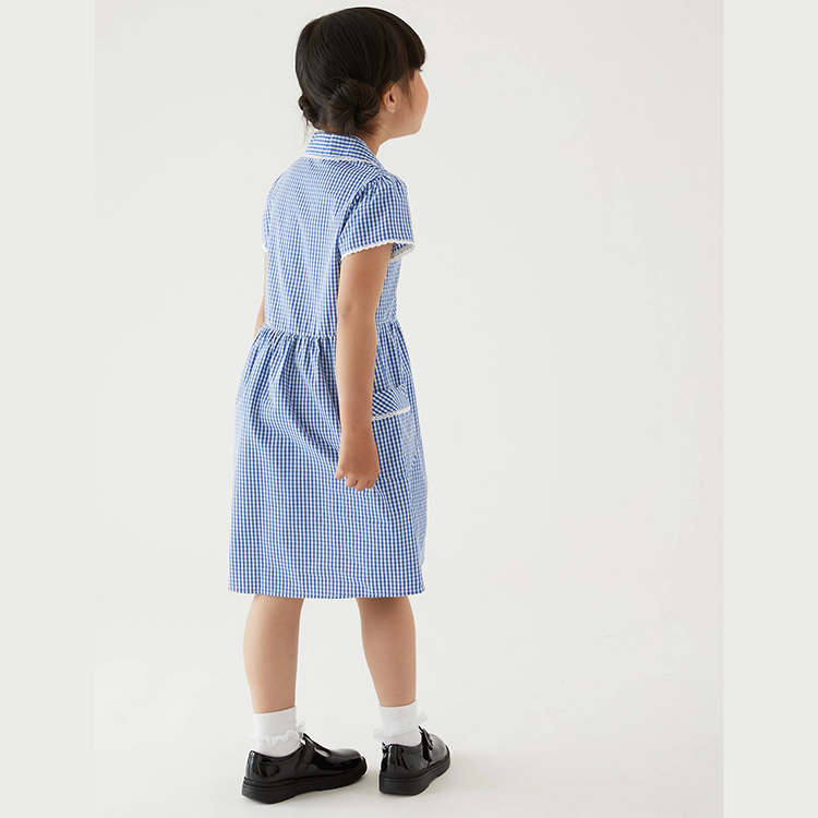 Custom Design Summer Asian School Uniform Plaid Blue Short Sleeve Little Girl A-Line Dress with Pocket