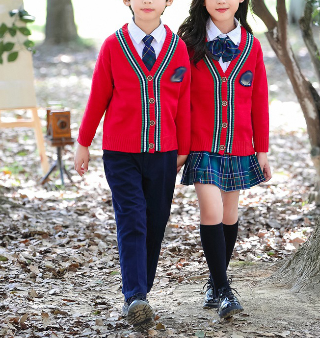 Custom Design Spring Primary School Uniform Long Sleeve Single Breasted V-neck Red Children Sweater