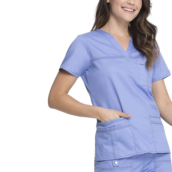 Tailored 100% Cotton Fashionable Nurse Uniform Designs V-neck Solid Scrub Top