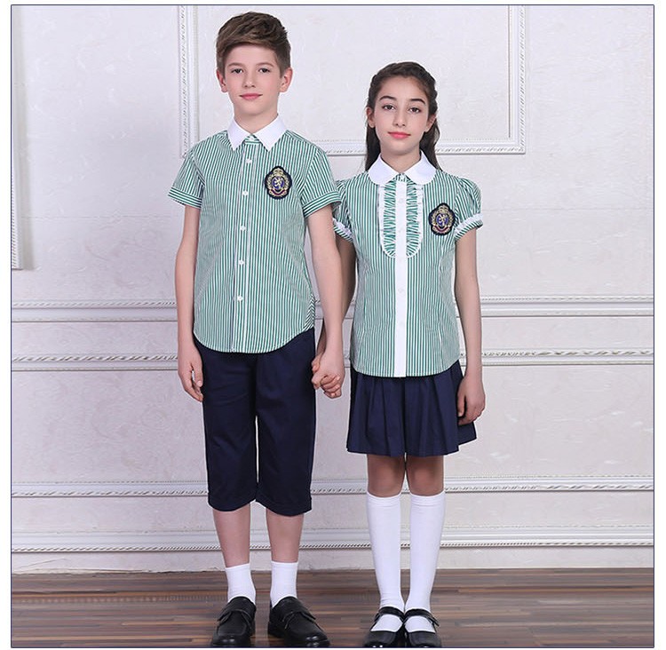 Summer Short Sleeve Stripe Boys Girls Single Breasted School Uniform Shirts