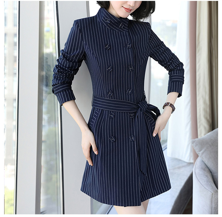 Custom Design Stand Collar Double Breasted Lady White Striped Dark Blue A-line Dress with Belt