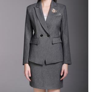 Custom Design Elegant Single Breasted Dark Grey Women Long Sleeve Blazer Set