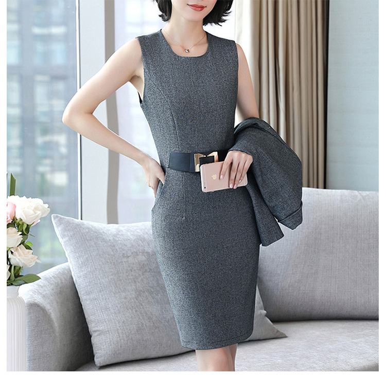 Custom Design Dark Grey Women Long Sleeve Single Button Blazer And Sleeveless Dress