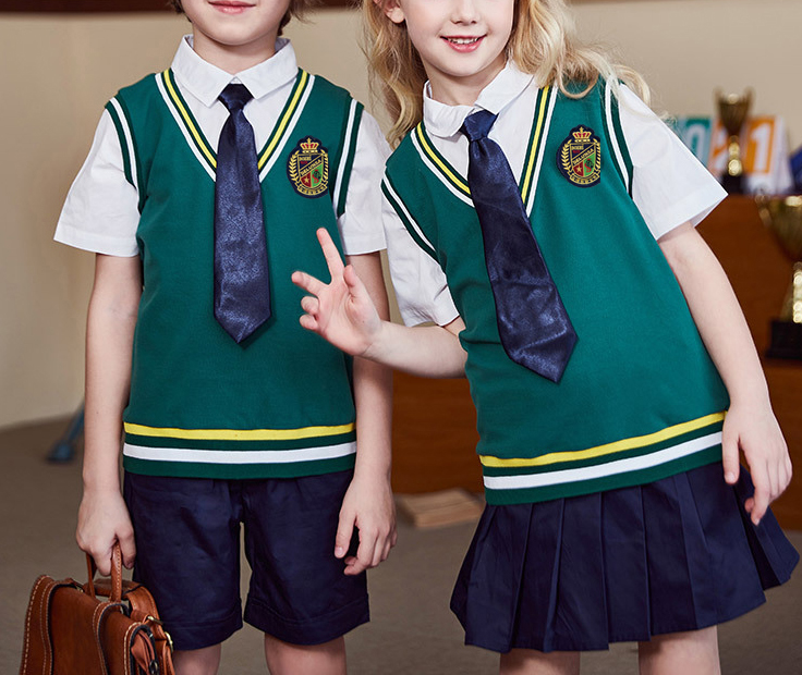 Spring Children Green Short Sleeve Shirt And Shorts 2 Pieces Primary Kids School Uniform Set with Tie