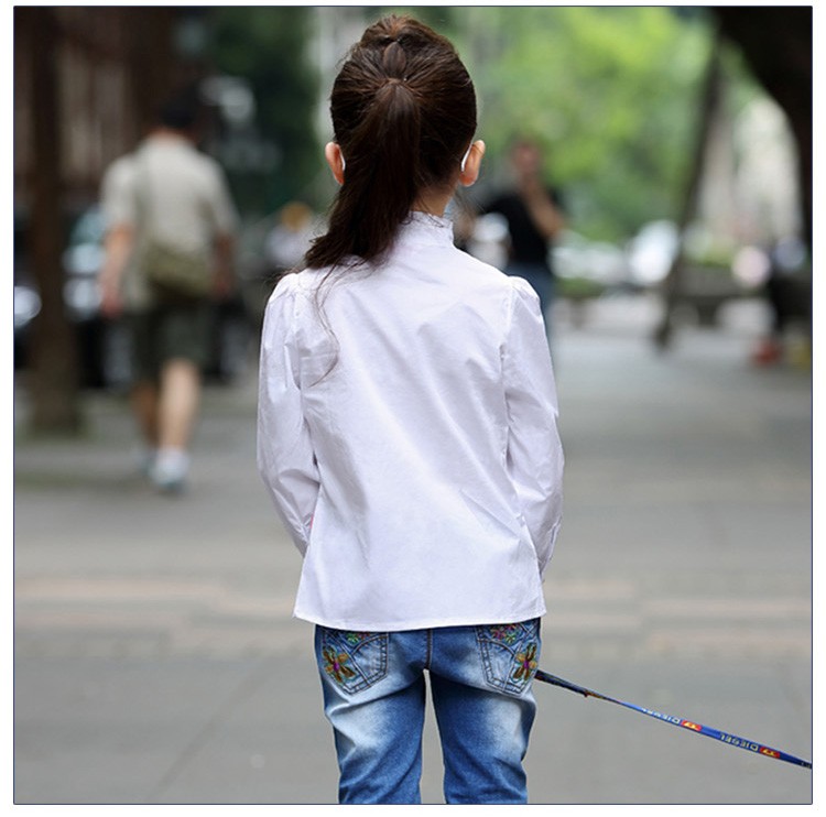 Custom Design Fashionable Stand Collar Solid Color Little Girls Lace Long Sleeve Shirts