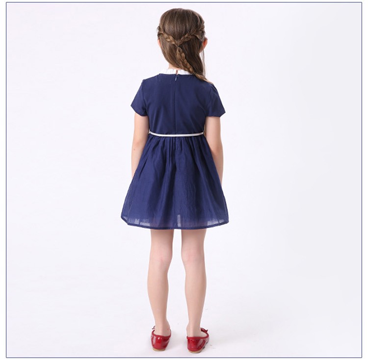 Custom Design Summer Solid Color Short Sleeve Zipper Back Little Girls Pouf Dress with Belt