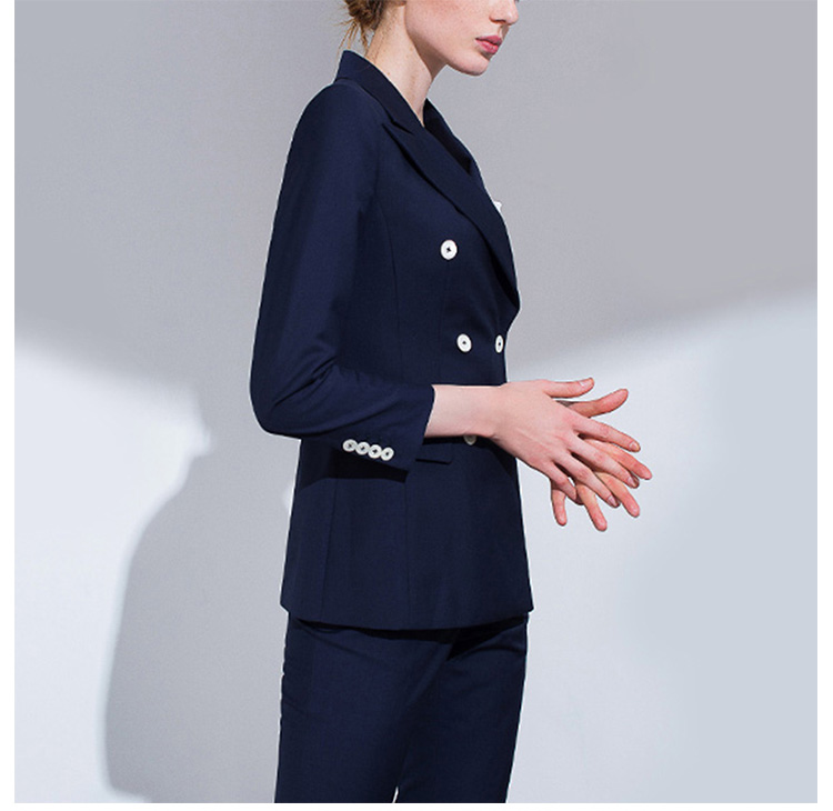 Custom Design Fashionable Dark Blue Women Long Sleeve Double Breasted V-neck Slim Blazer Suit