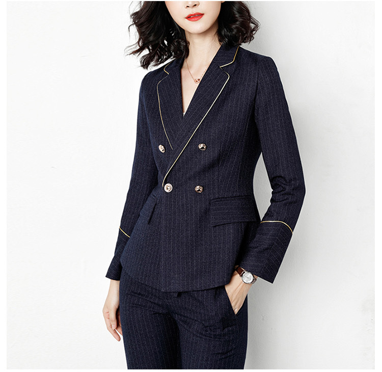 Custom Design Lady Striped V-neck Double Breasted Long Sleeve Suit with Pocket