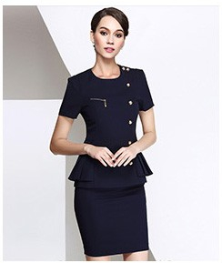 2 Pieces Unique Design Fashionable Dark Blue Short Sleeve Irregularity Hem Women Blazer Top And Skirt
