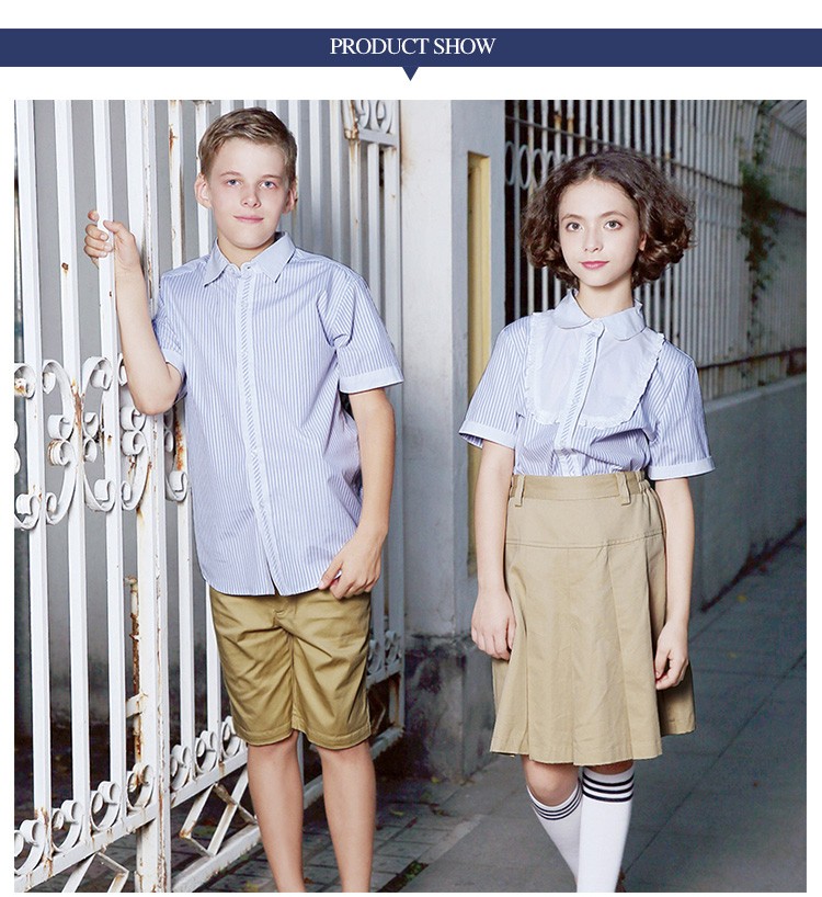  Summer Autumn Short Sleeve Primary School Clothes 100% Cotton Stripe Pattern School Uniform Shirt 