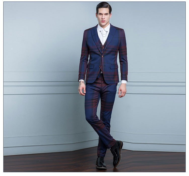 Custom Design Men Fashion Woven V-neck Single Breasted Dark Blue Red Plaid Suit